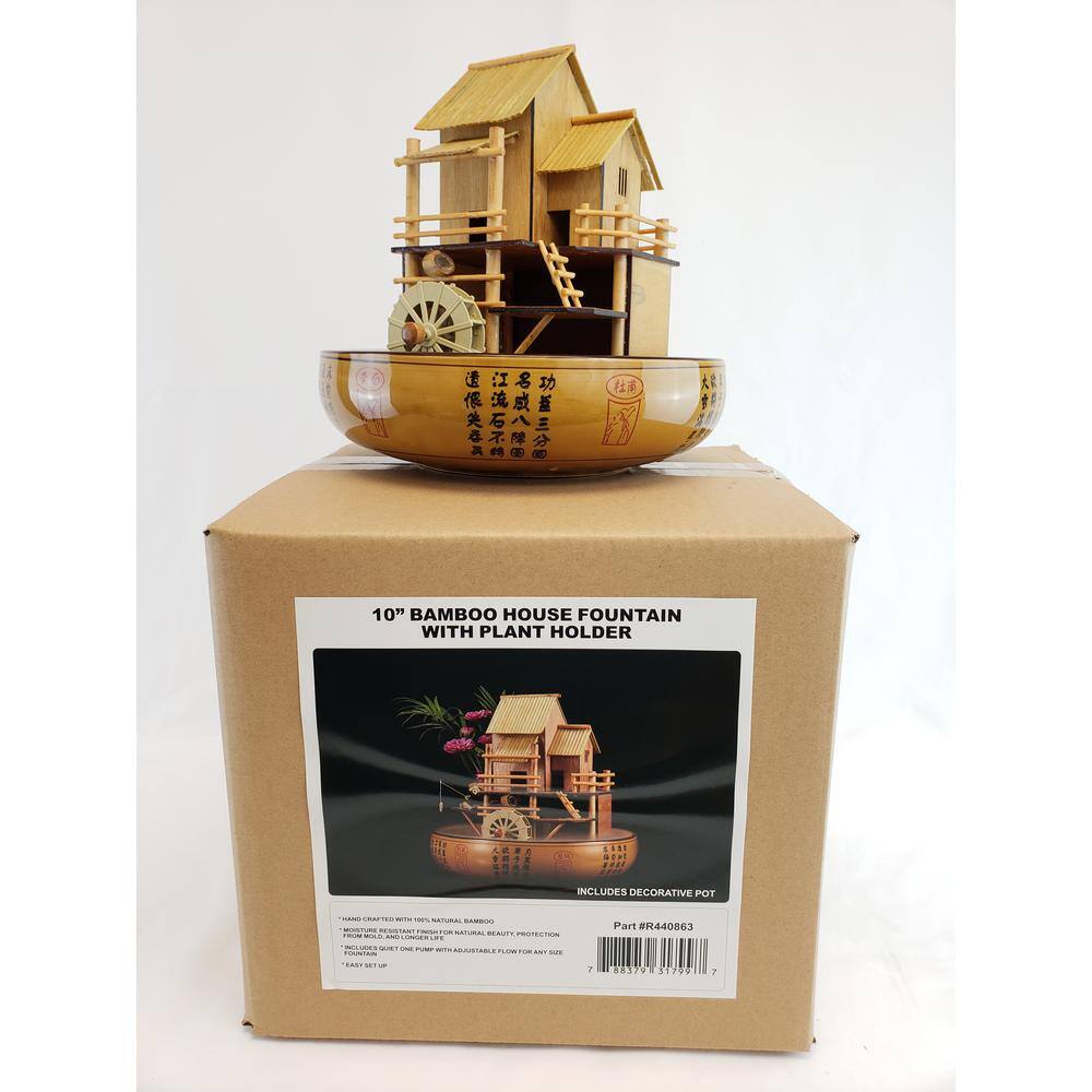 10" Bamboo House Fountain with Pump and Decorative Pot