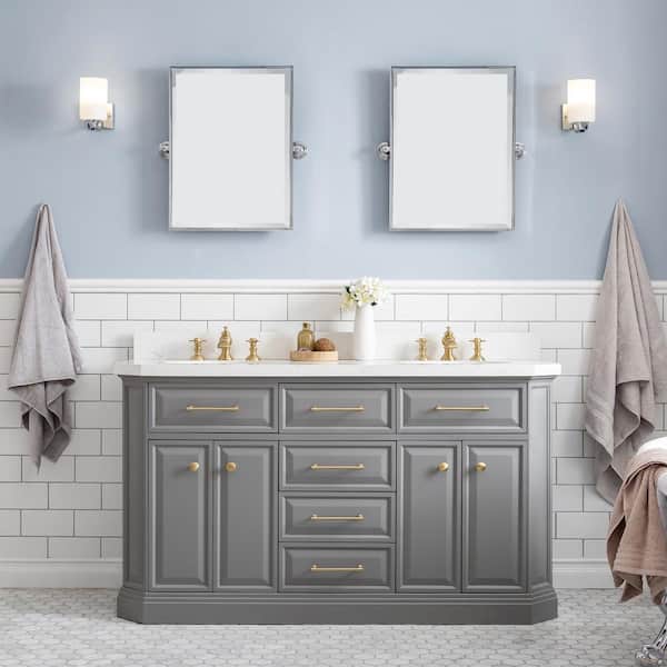 Palace 60 in. W x 22 in. D x 34 in. H Double Sink Bath Vanity in Cashmere Grey with Carrara White Quartz Top