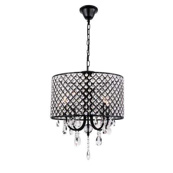LamQee 15.7 in. Dia. 4-Light Black Round Crystal Beaded Drum Chandelier Light with Crystal Dangles Pendant