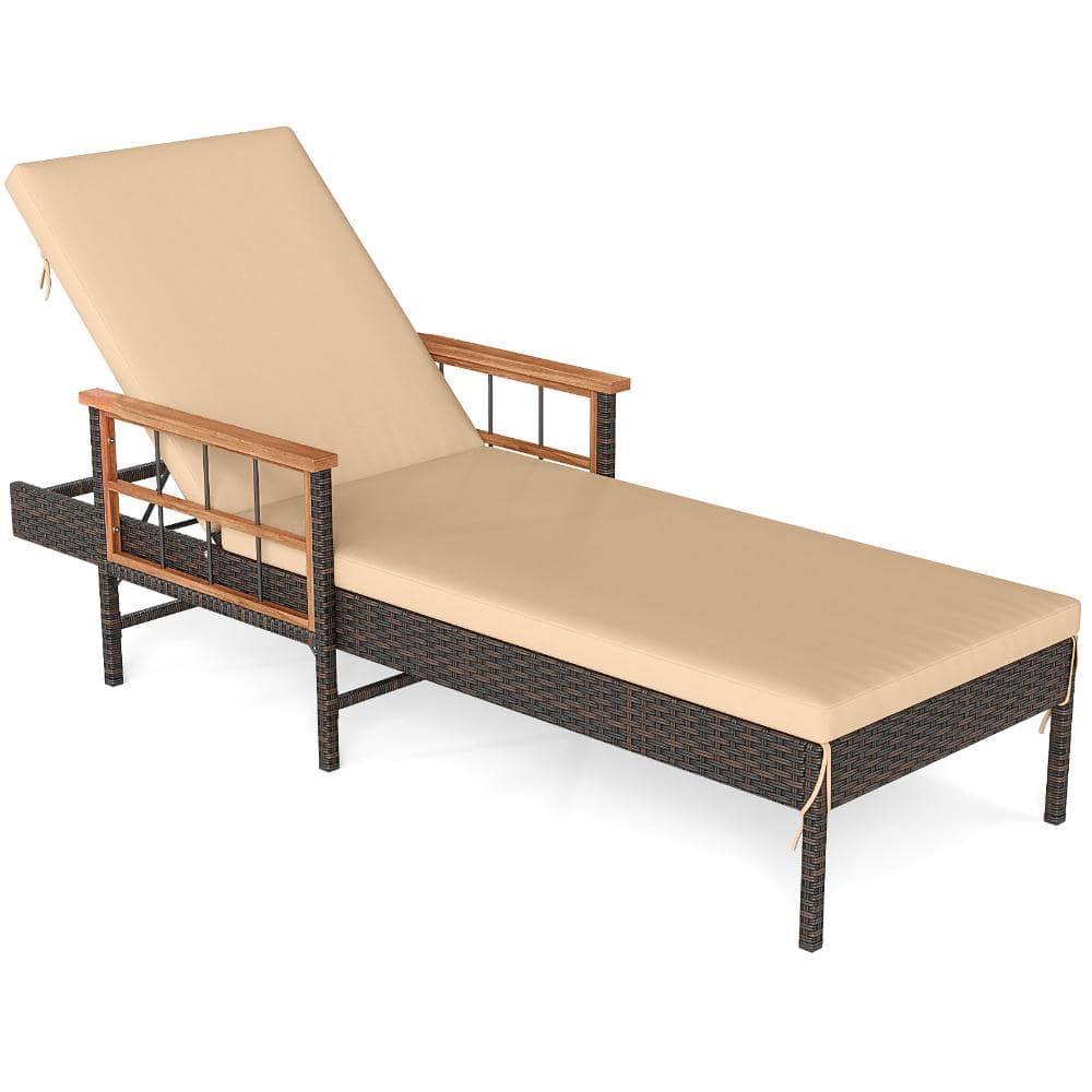 79 in. PE Rattan and Acacia Wood Patio Chaise Lounge Chair with 4-Level Backrest, Beige price history on PriceWatchPro