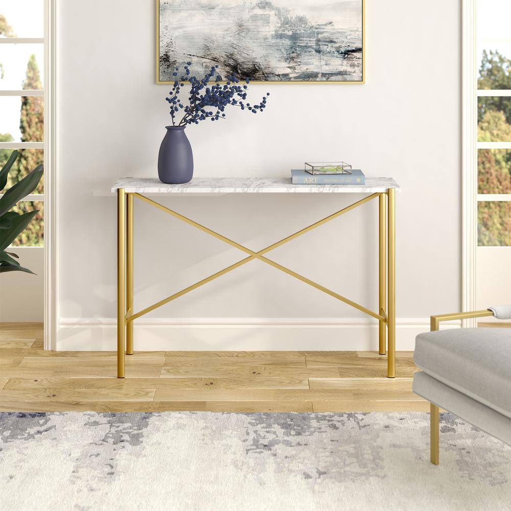 Braxton 46" Gold Finish Console Table with Faux Marble Top