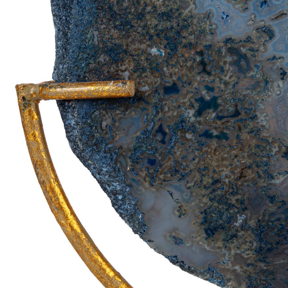 Blue Agate Stone Slice on Gold Metal Stand