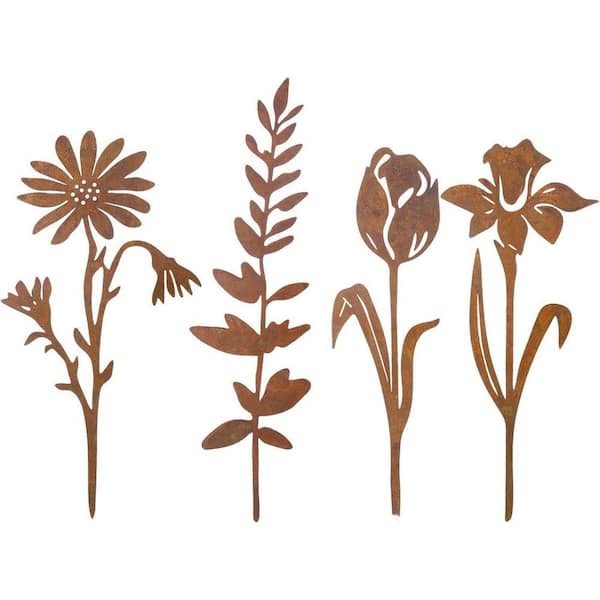Rusty Flower and Plant Rusty Metal Garden Stakes Yard Decorative Stakes-10-Pack