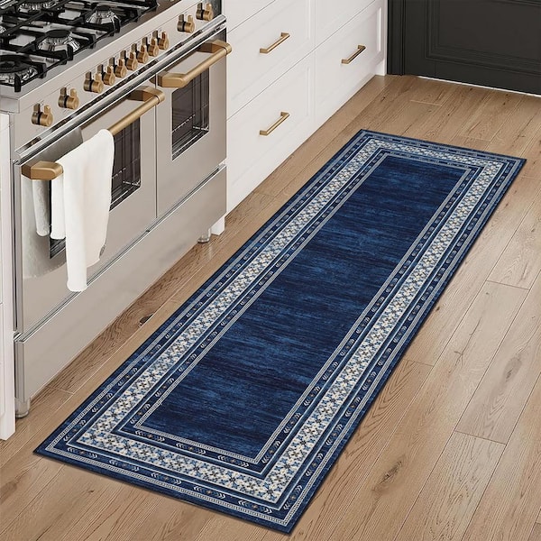 Navy Blue 2 ft. x 6 ft. Washable Bordered Runner Rug, Non Slip Low Pile Stain Resistant Rug for Hallway, Entryway