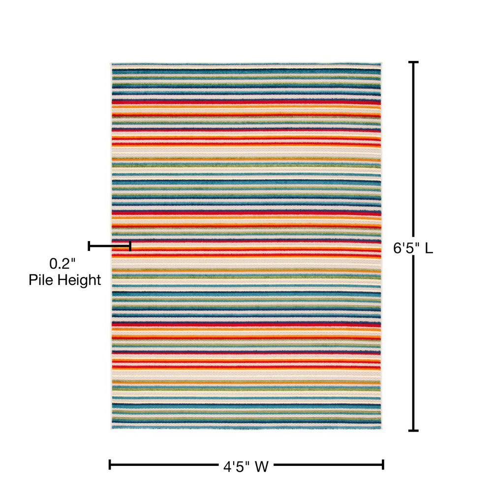 Ivory and Green Striped Synthetic Indoor/Outdoor Rug 4'5" x 6'5"
