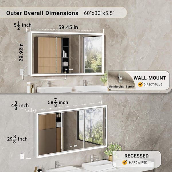 Anglora 60 in. W x 30 in. H LED Beveled Edge Rectangular Aluminum Recessed/Surface Wall Medicine Cabinet with Mirror