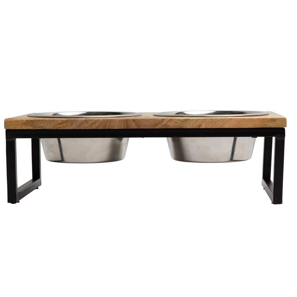 Large Mango Wood and Stainless Steel Elevated Pet Feeder