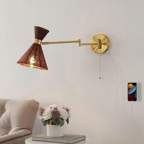 Lily 25 in. 1-Light Rattan/Metal USB Charging Swing Arm LED Wall Sconce with Pull Chain, Dark Brown/Brass Gold