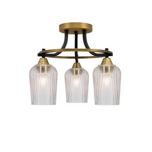 Madison 15 in. 3-Light Matte Black and Brass Semi-Flush Mount with Clear Textured Glass Shade