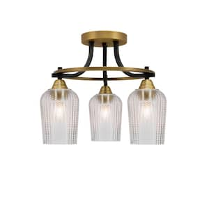 Madison 15 in. 3-Light Matte Black and Brass Semi-Flush Mount with Clear Textured Glass Shade