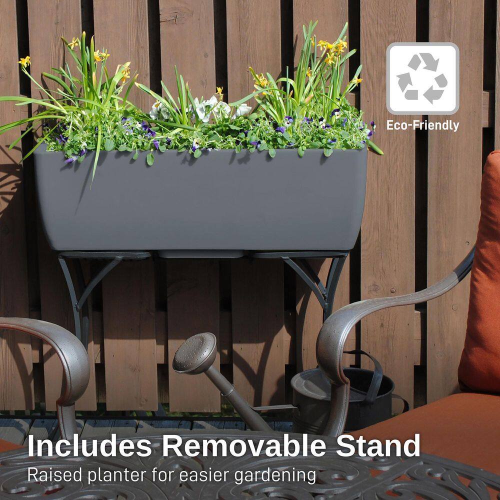 Graphite Polyethylene Rectangular Planter with Wrought Iron Stand