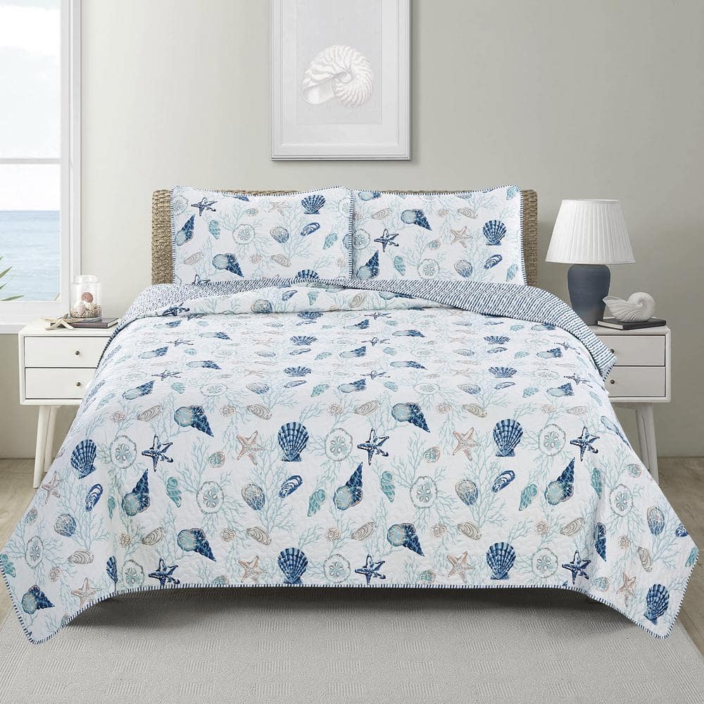 Twin Blue Coral Reversible Microfiber Quilt Set