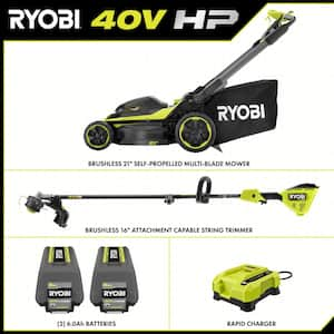 40V HP Brushless 21 in. Cordless Walk Behind Multi-Blade Self-Propelled Mower & Trimmer w/ (2) 6.0Ah Batteries & Charger