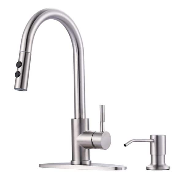 15.6 in. Single Handle Stainless Steel Pull Down Sprayer Kitchen Faucet with 360° Swivel Spout, Soap Dispenser in Nickel