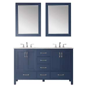 Gela 60 in. Vanity in Blue with Marble Vanity Top in White with White Basins and Mirror