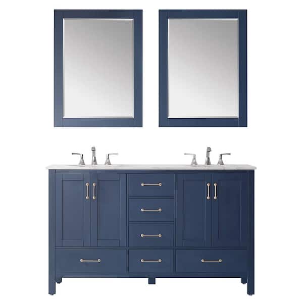 ROSWELL Gela 60 in. Vanity in Blue with Marble Vanity Top in White with White Basins and Mirror