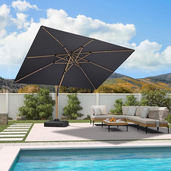 9 ft. x 12 ft. Outdoor Cantilever Patio Umbrella Teak Finished Offset 360° Rotation Umbrella with Base, Gray