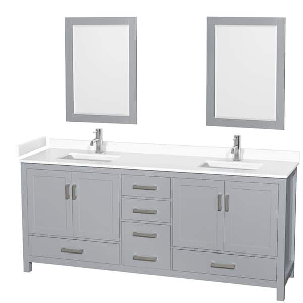 Wyndham Collection Sheffield 80 in. W x 22 in. D x 35 in. H Double Bath Vanity in Gray with White Cultured Marble Top and 24" Mirrors