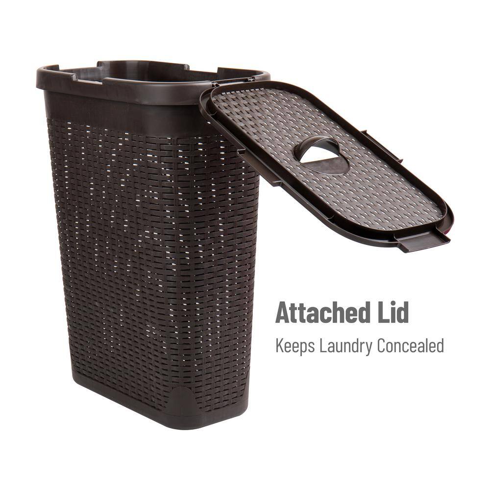 Brown Plastic Wicker Design Collapsible Laundry Basket with Lid