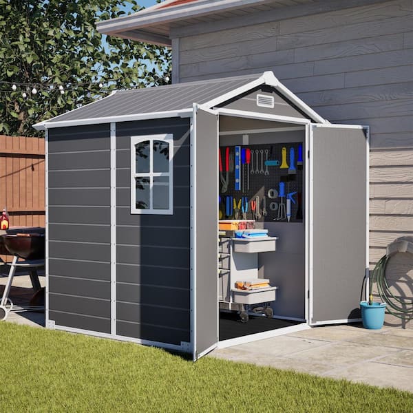 6 ft. x 6 ft. Outdoor Resin Storage Shed with Floor Base, Window and Lockable Door, Gray