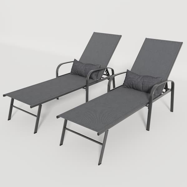 Unbranded Gray 2-Piece Set Metal Outdoor Chaise Lounge Patio Swimming Pool Lounge with Pillow