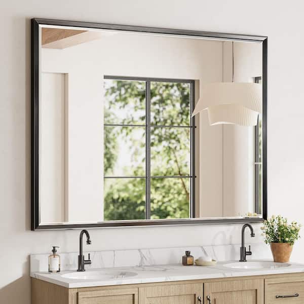 48 in. W x 36 in. H Aluminum Beveled Edge Rectangular Framed Bathroom Vanity Wall Mount Mirror in Brushed Black