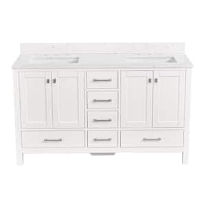 BathMist 60 in. W Double Sink Freestanding Bath Vanity in White with White Engineered Top