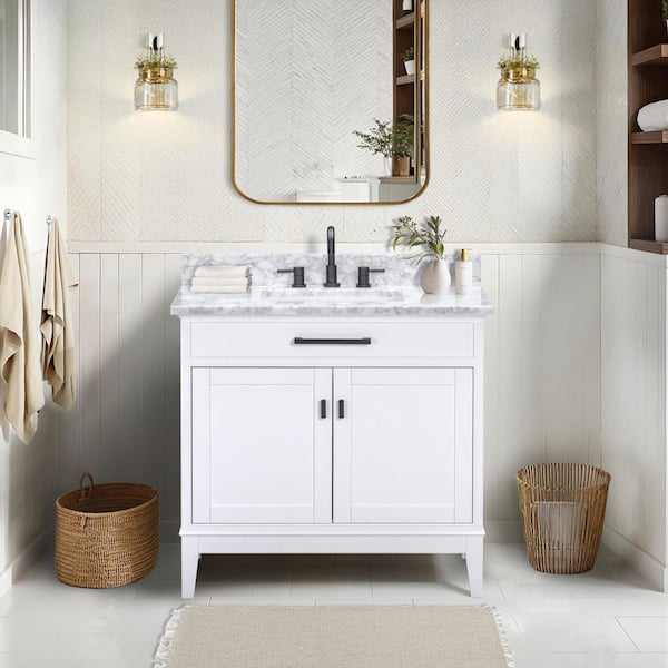 Madison 37 in. Single Sink White Bath Vanity with Carrara White Marble Top