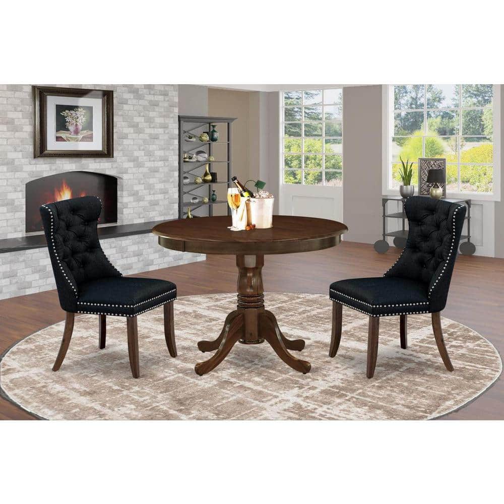 Mahogany Round Pedestal Dining Table with 2 Light Tan Linen Chairs