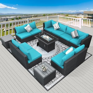 Luxury 13-Piece Grey Wicker Patio Sectional Seating Set with Teal Cushions and 55,000 BTU Firepit Table Coffee Tables