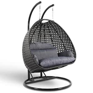 Charcoal Wicker Hanging 2-Person Egg Swing Chair Patio Swing with Charcoal Blue Cushions
