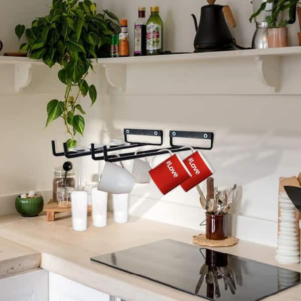 Wudkey 2-Pack Under Cabinet Iron Wine Glass Holder, Hanging Storage Rack  Organizer for Kitchen, Black PS0O23_5 - The Home Depot