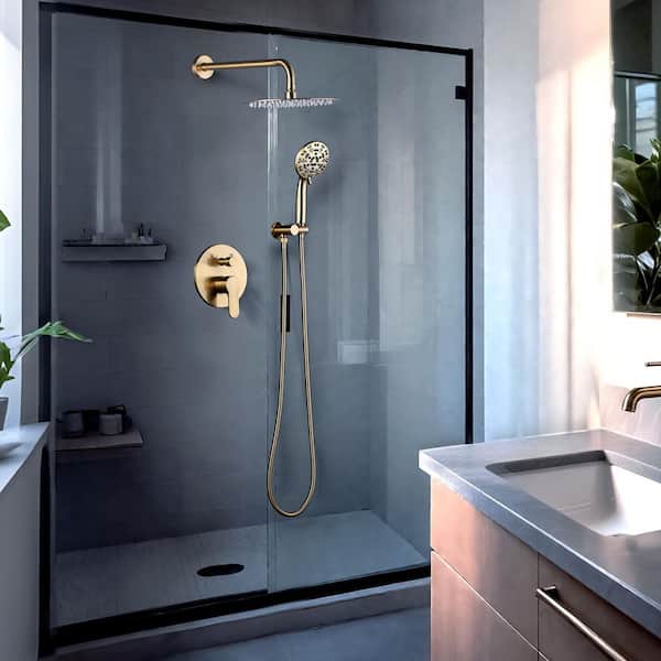 9-Spray 10 in. Wall Mounted Fixed Round Shower Head and Handheld Shower Head with 1.8 GPM Brass Valve in Brushed Gold