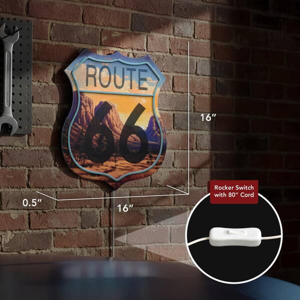 American Art Decor 16 in. x 16 in. Light Blue Route 66 Neon Style