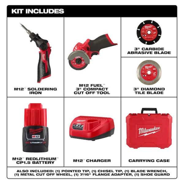 M12 12-Volt Lithium-Ion Cordless Soldering Iron Kit with (1) 1. 5Ah Batteries, Charger, Case, & 3 in. Cut Off Saw