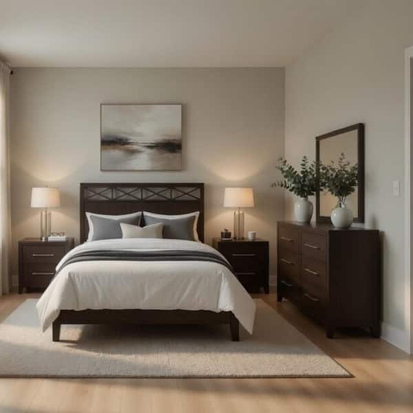 grey bed brown dresser Benjara Modern 5-Piece Brown and Silver Wood Queen Bedroom Set with Dresser, Mirror and Nightstand BM352551