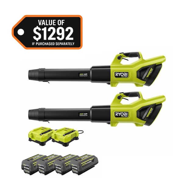 RYOBI 40V HP Brushless Whisper Series 190 MPH 730 CFM Cordless Battery Leaf Blower (2-Tool) with 4 Batteries and 2 Chargers