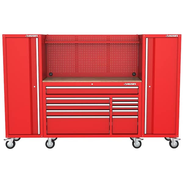 Husky Modular Tool Storage 92 In W Red Mobile Workbench Cabinet With Pegboard And 2 20 Side Lockers H52modsuite6red The