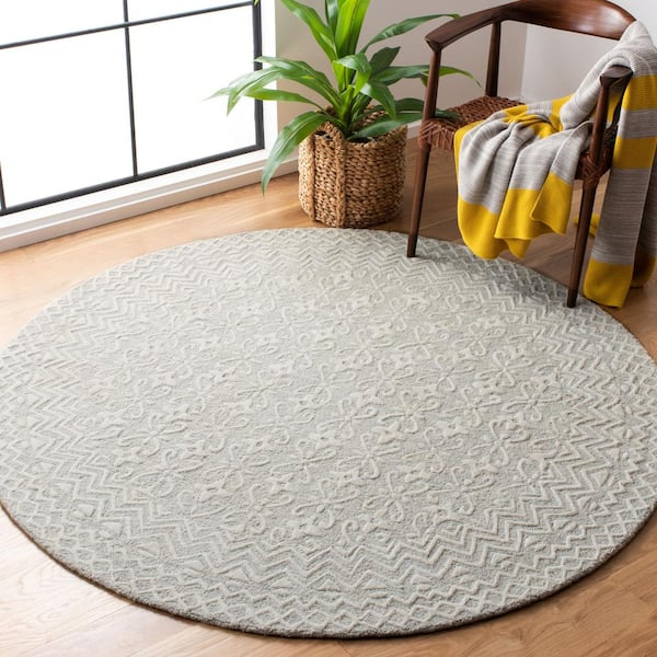 Blossom 8 ft. x 8 ft. Round Gray/Ivory Border Geometric Area Rug