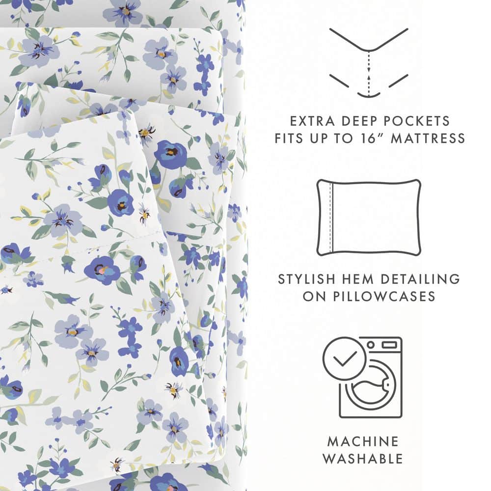 Light Blue Floral Microfiber Full Bed Sheet Set