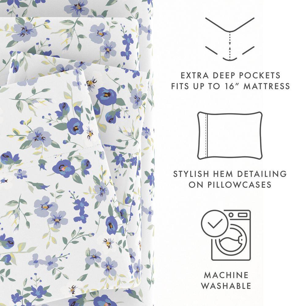Light Blue Floral Queen Microfiber Bed Sheet Set