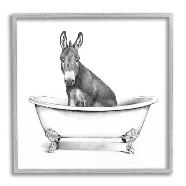 Stupell Industries "Donkey in Claw Tub Farm Animal Bathroom Sketch" by Victoria Borges Framed Animal Wall Art Print 17 in. x 17 in.