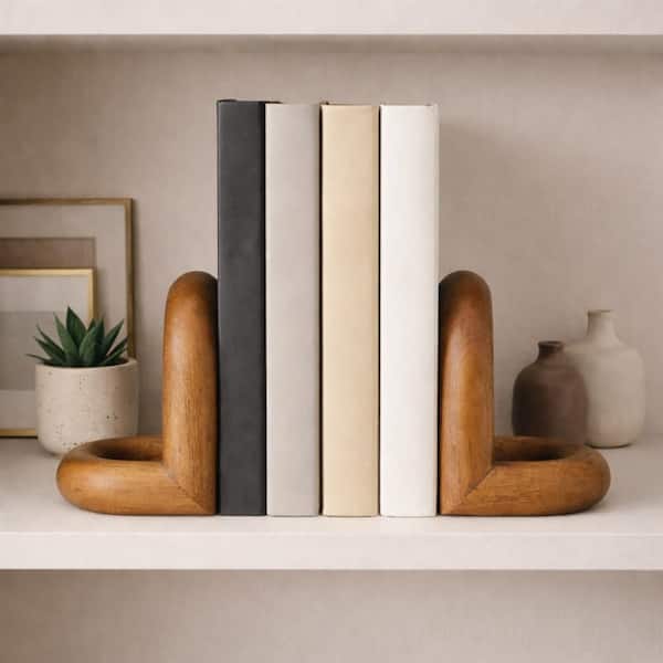 Brown 6 in. x 7 in. Mango Wood Rounded Loopy Bookends (Set of 2)