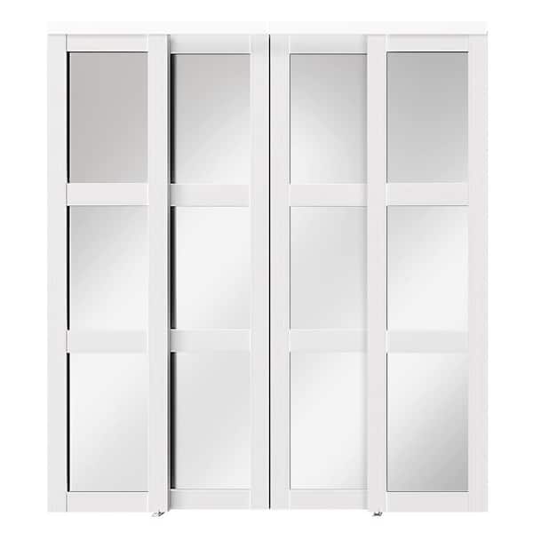 TENONER 96 in. x 80 in., MDF Solid Core, Mirrored Glass, 3 Lite, PVC Covering, White Sliding Door with All Hardware