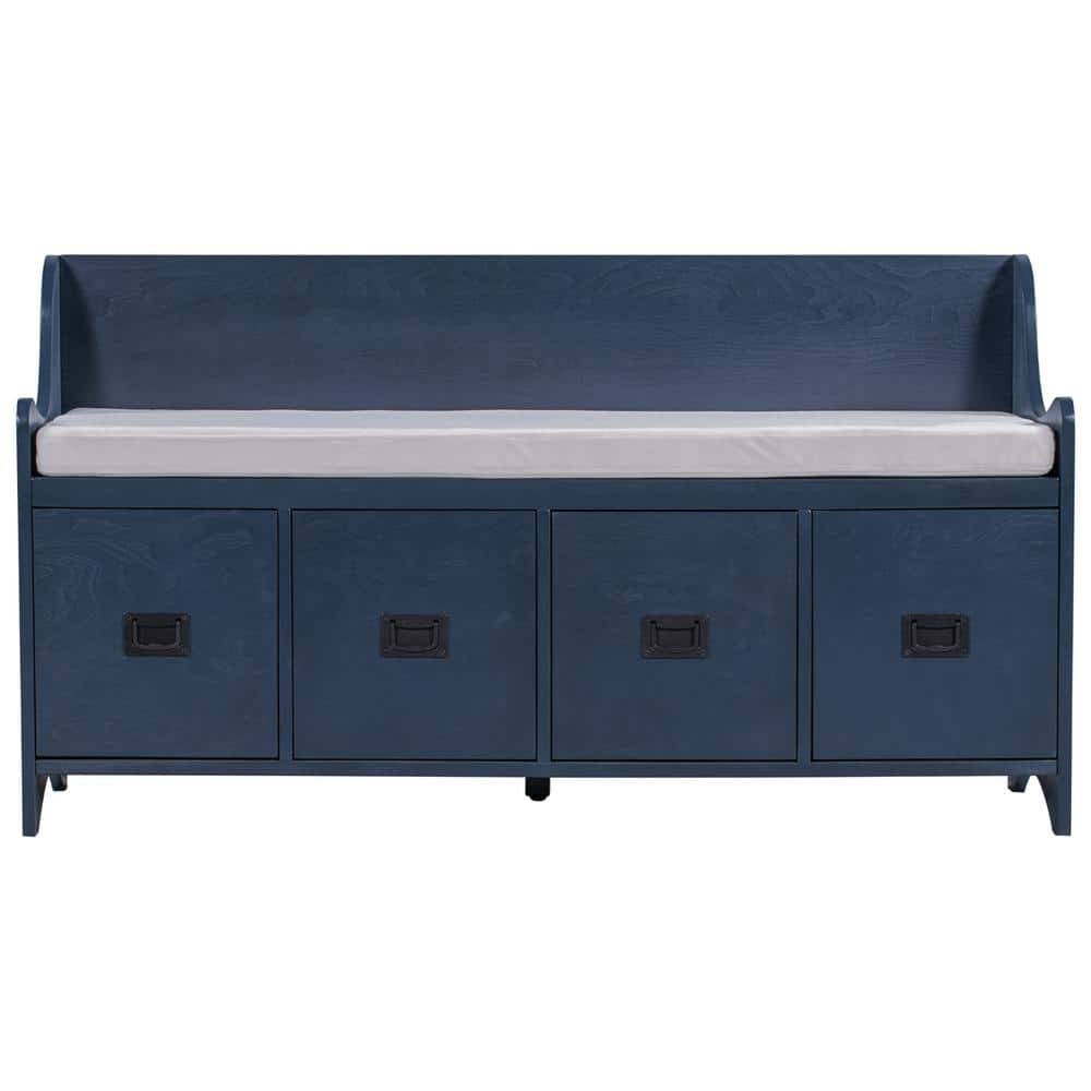 JASIWAY Antique Navy Storage Bench with Movable Cushion Entryway Bench with Drawers and Backrest