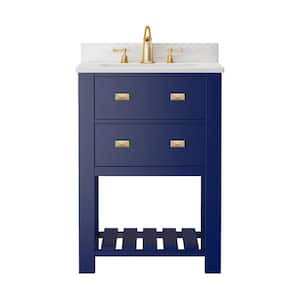 24 in. W x 19 in. D x 36.5 in. H Single Sink Freestanding Bath Vanity in Navy Blue with White Natural Marble Top