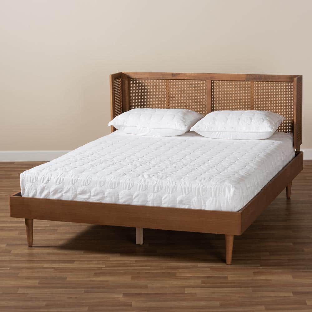 Mid-Century Walnut Queen Platform Bed with Synthetic Rattan Headboard