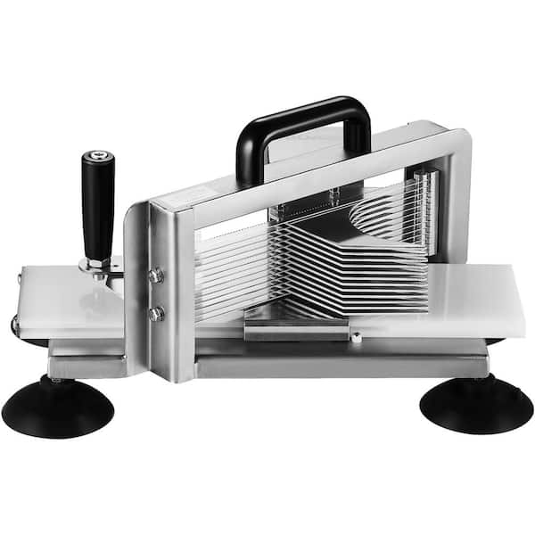 Commercial Tomato Slicer is a 1/4 in. cutter. Made of stainless steel, it's heavy-duty. Has non-slip feet. Cuts tomatoes