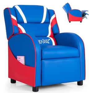 Blue Faux Leather Upholstery Kids Recliner Gaming Sofa w/Side Pockets