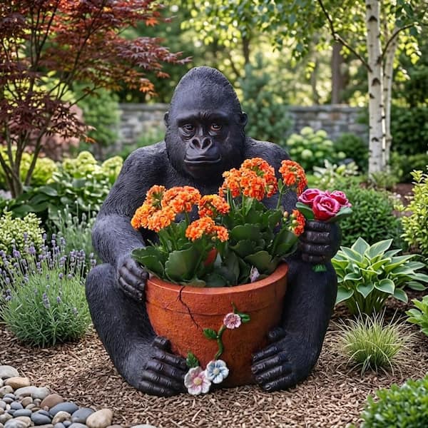 WOQWOQ 18.5 in Black Resin Outdoor Chimpanzees Flower Pot Planter